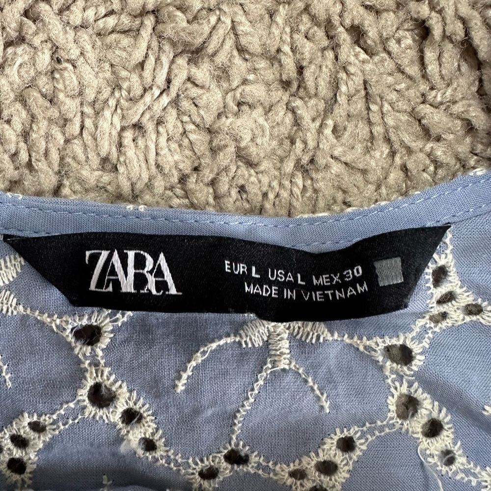 ZARA LIGHT BLUE FLORAL CUTWORK EMBROIDERY PRINT COTTON MINI DRESS - Picture 8 of 11